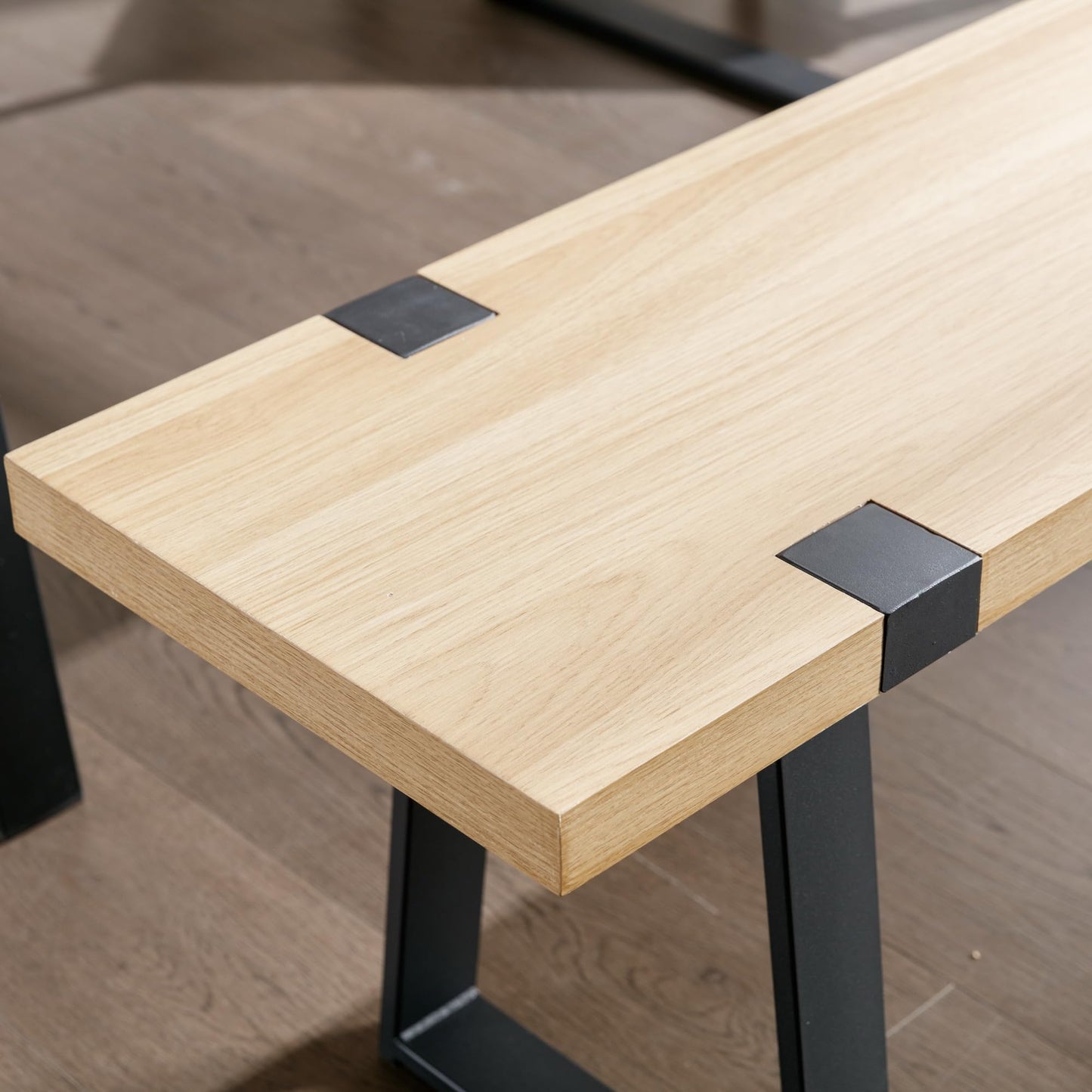 Wooden Dining Bench 60” Industrial Table Benches, Seating Chair Rustic Indoor Benches, Mid Century Kitchen Bench with Metal Legs, Light Oak