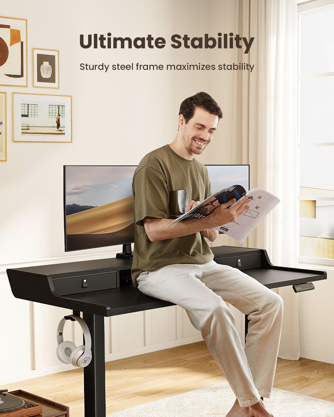 ErGear Electric Standing Desk with Drawers, 55″ x 28″ Gaming Table Compatible Monitor Stand, Stand up Desks, Home Office Height-Adjustable Desk with Storage Shelf, 4 Preset Heights, Black