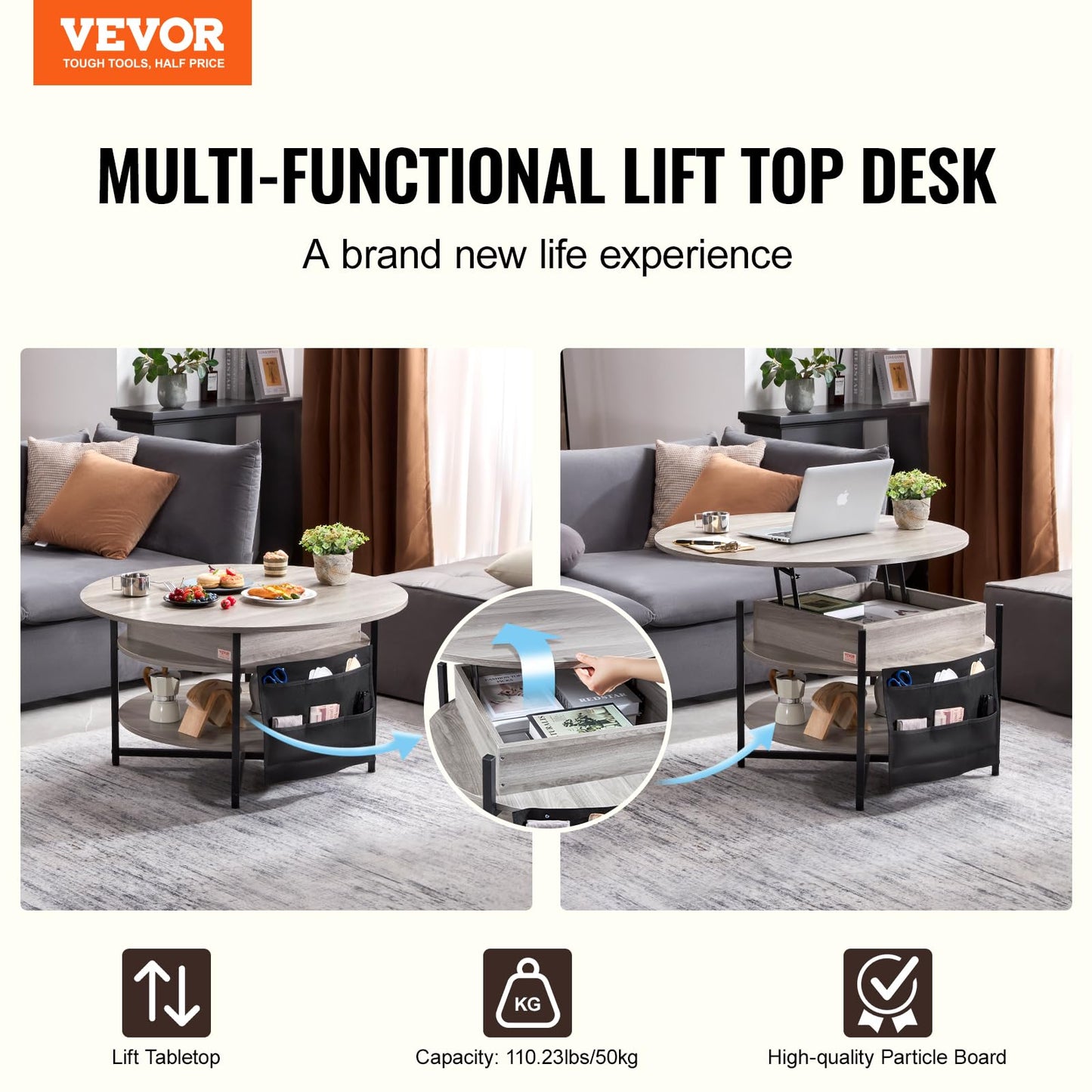 VEVOR Round Lift Top Coffee Table with LED Light, 35.43" Circle Coffee Table with Storage and Hidden Compartment, Farmhouse 2 Tier Large Dining Table for Living Room Reception Room, Wood, Gray