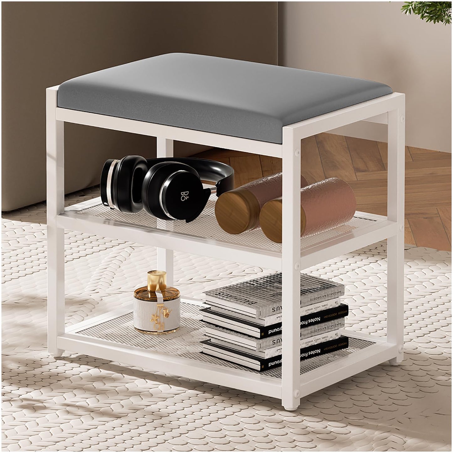 ZHOOGE Small Ottoman with Storage, Vanity Stool Chair Faux Fur, Foot Ottoman, Square Makeup Stool for Small Spaces, Living Room, Bedroom, Bathroom, Entryway, White