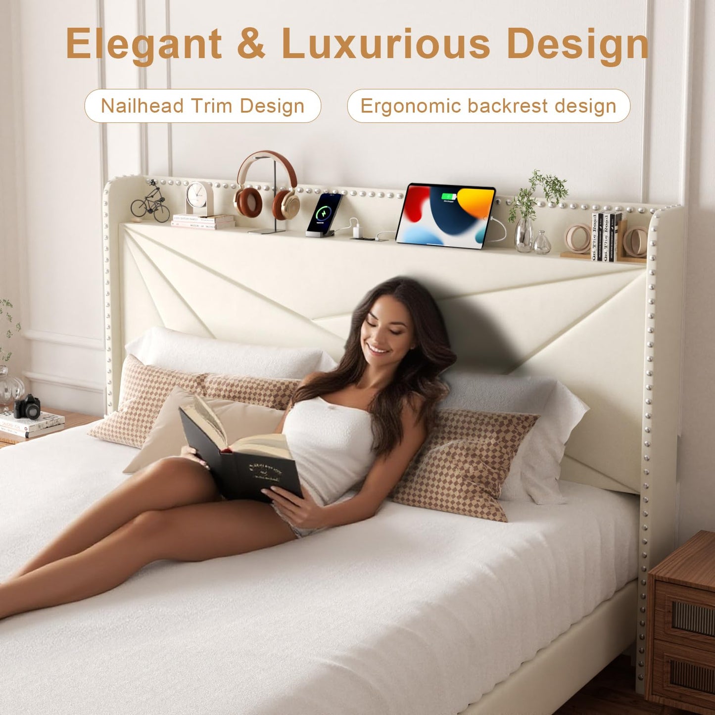 viplov King Size Bed Frame with 2 Large Drawers, Storage Headboard Built-in Charging Station, Modern Chic Rivet Design, Easy Assembly, No Box Spring Required, Noise-Free, Beige