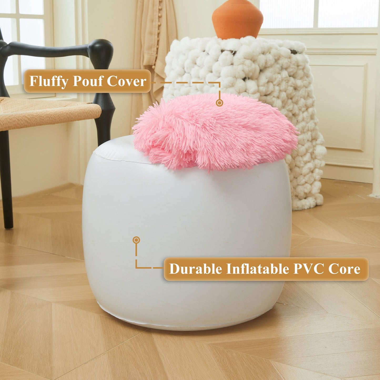 XeGe Fluffy Faux Fur Inflatable Pouf Ottoman, Cozy Shaggy Fuzzy Foot Stool, Plush Furry Foot Rest Floor Pouf Anti-Slip Kid Girl Adult, Foldable Round Ottoman Cushion for Living Room Bedroom, Pink