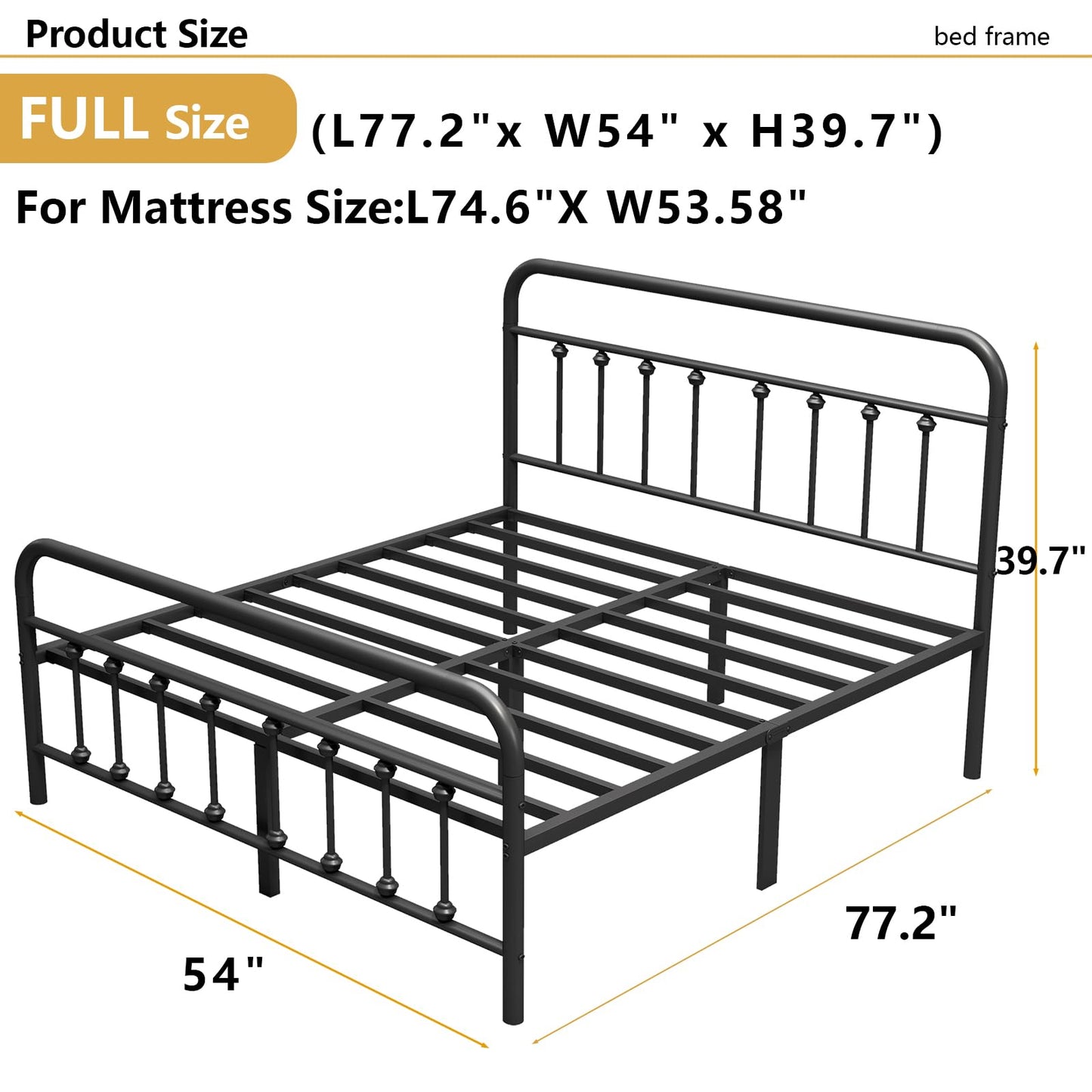 Vengarus Metal Bed Frame,Full Size Bed Frame with Headboard,Structurally Stable, Heavy Duty Steel Slat Supported,Under Bed Storage,No Box Spring Needed,14 Inch,Black