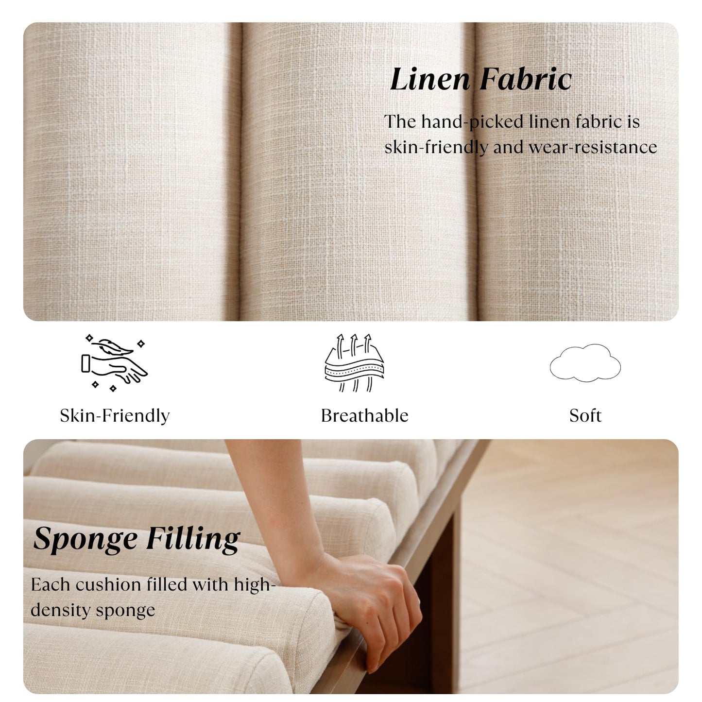 Ya-Home Modern Upholstered Entryway Bench, 47” Linen Fabric Bedroom End of Bed Bench with Cylindrical Cushion/Solid Wooden Base, Window Padded Benches for Living Room/Foyer/Hallway, Natural Leg