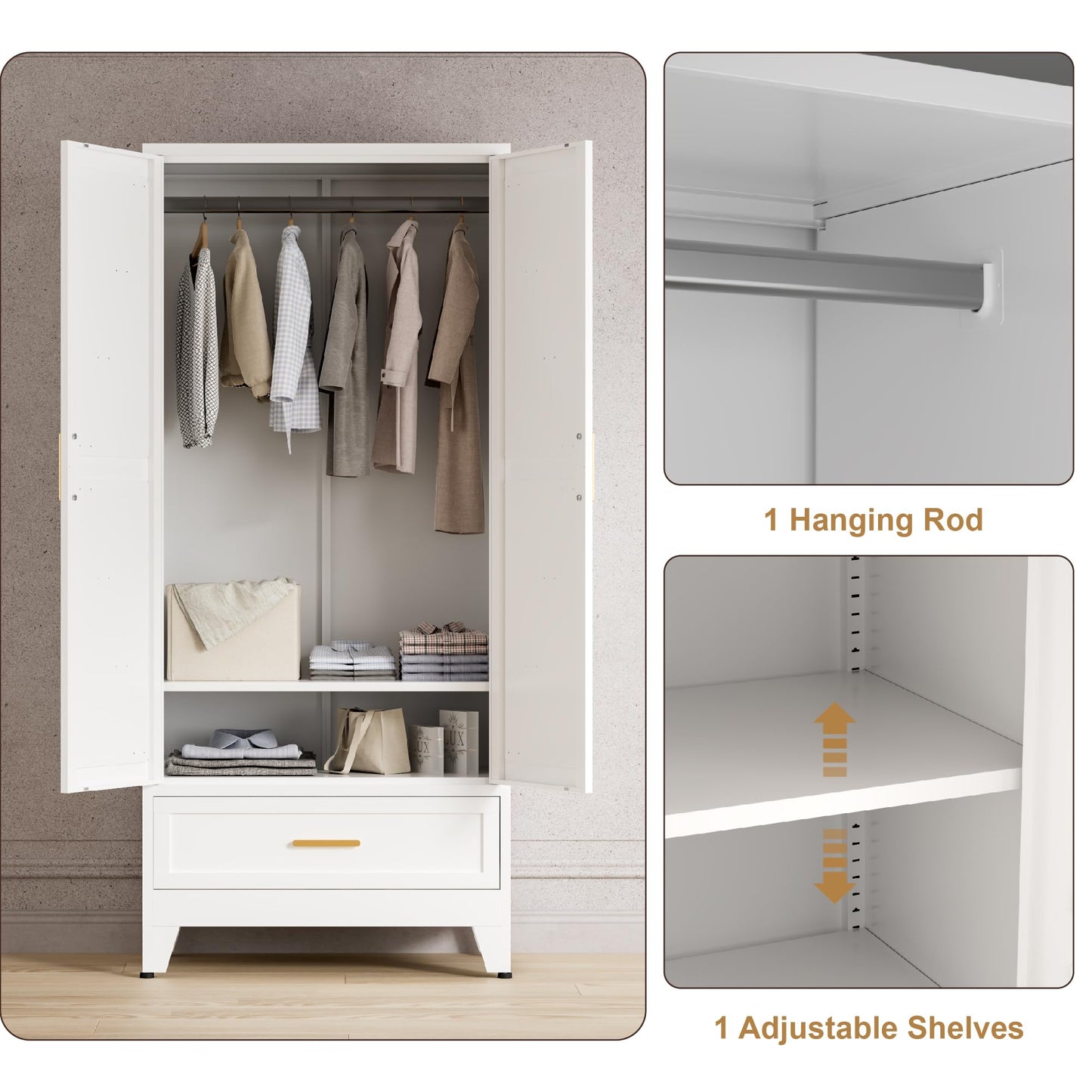 Washsemba 71'' Farmhouse Metal Wardrobe Cabinet with Hanging Rod, 2 Barn Door Wardrobe Closet with Adjustable Shelves,Drawer,for Dining Room,Bedroom,Living Room, Cloak Room,Office (White)