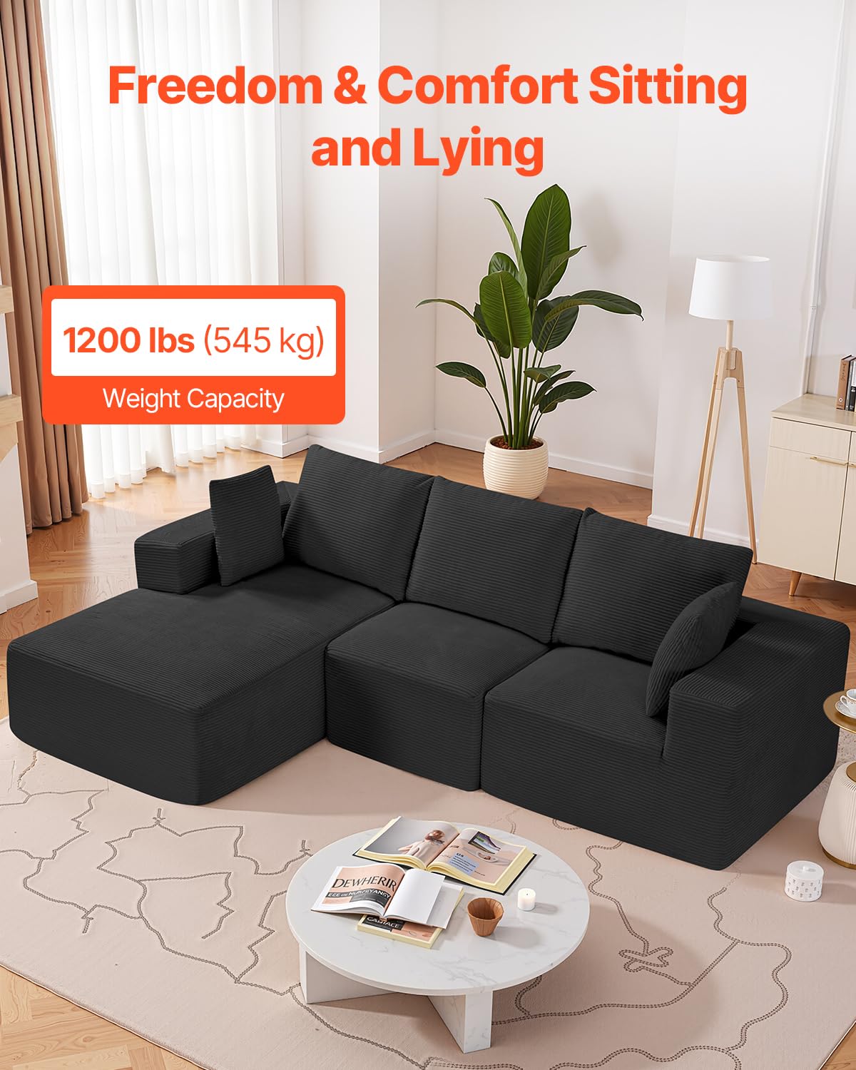 VEVOR Modular Sectional Sofa, Sectional Couch for Living Room, L Shaped Sofa with High Rebound Sponge, Cloud Couch with Cushion for Living Room, Apartment, Black