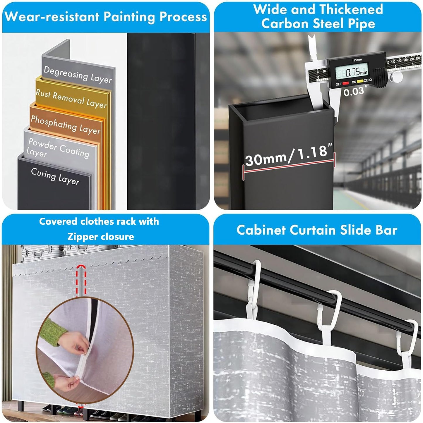 FKKPRVAX Heavy Duty Portable Closet with Cover 1200Ibs Foldable Covered Clothes Rack for Hanging Armoire Wardrobe Closet System Freestanding Coat Storage Garment Racks (168cm/66in（Hazy Gray）)