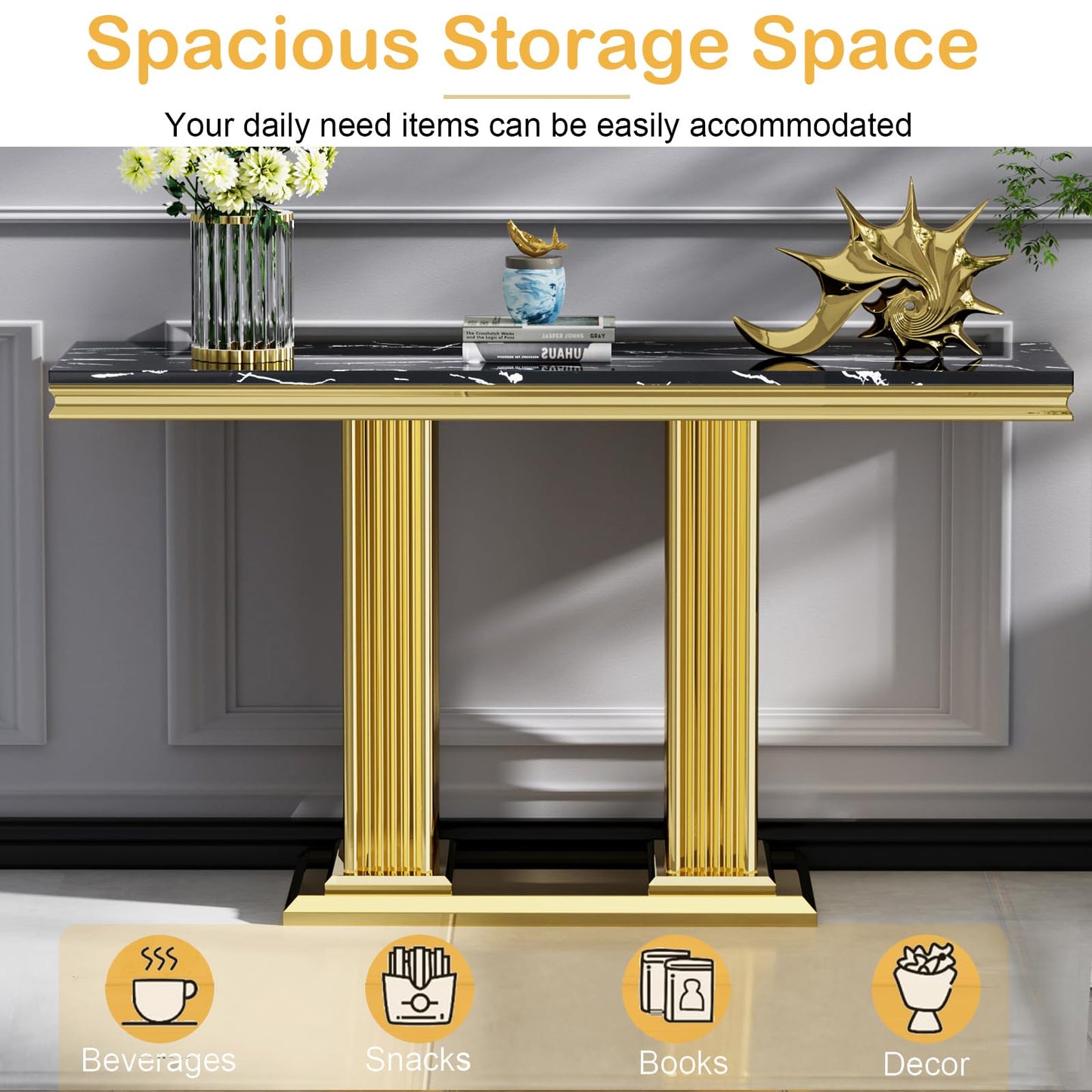 47" Rectangular Marble Console Table Luxury Black Faux Marble Entryway Table with Gold Column-Shape Stainless Steel Base Modern Narrow Sofa Hallway Tab for Living Room Entrance