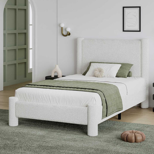 Twin Size Bed Frame, Boucle Upholstered Platform Bed with Headboard and Footboard, Soft Rounded Corners, No Box Spring Required, Easy Assembly, White