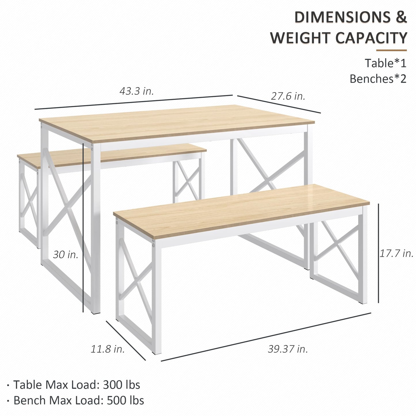 VECELO Kitchen Table with 2 Benches for 4, 43.3'' Wood Dining Room Dinette Sets with Metal Frame for Breakfast Nook and Small Space, Oak