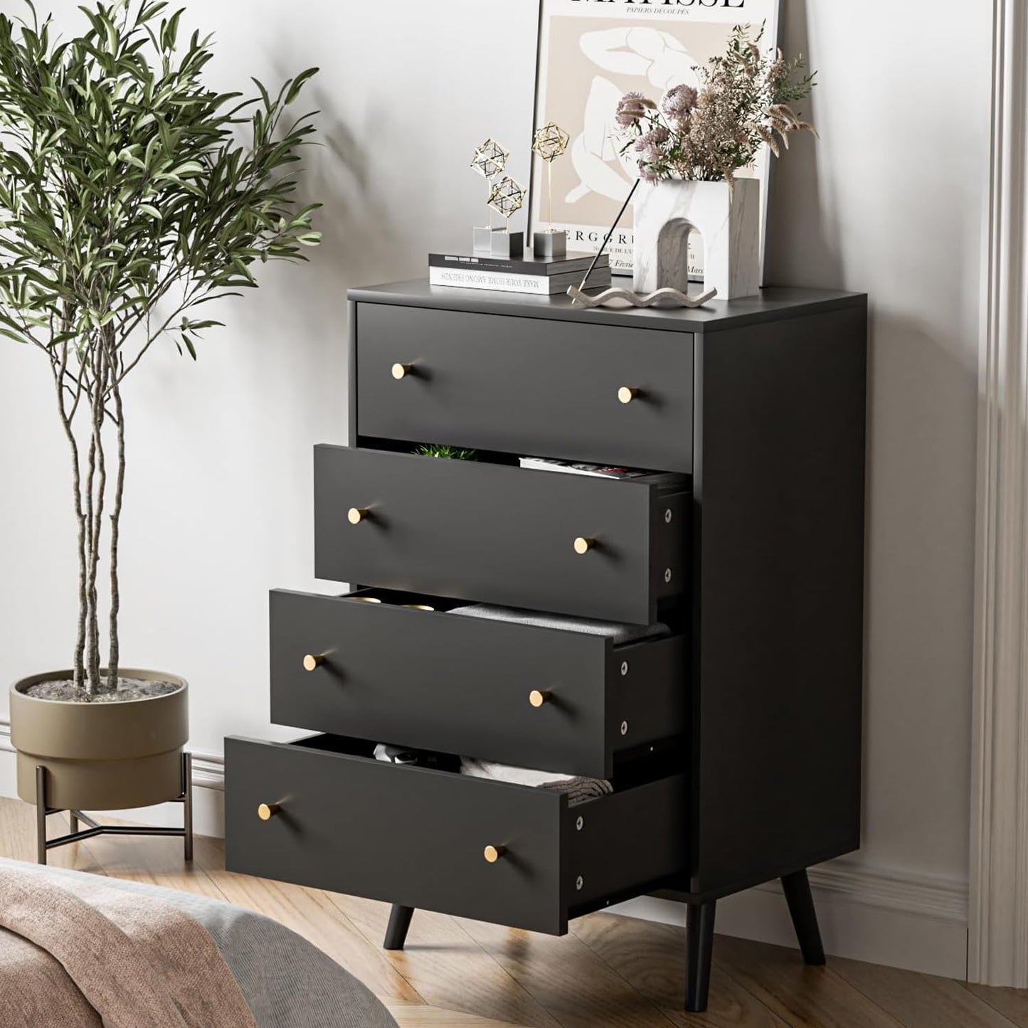 Wananlanen Black Dresser 4 Drawer, Chest of Drawers for Bedroom, Modern Black Dresser with Gold Handles for Bedroom