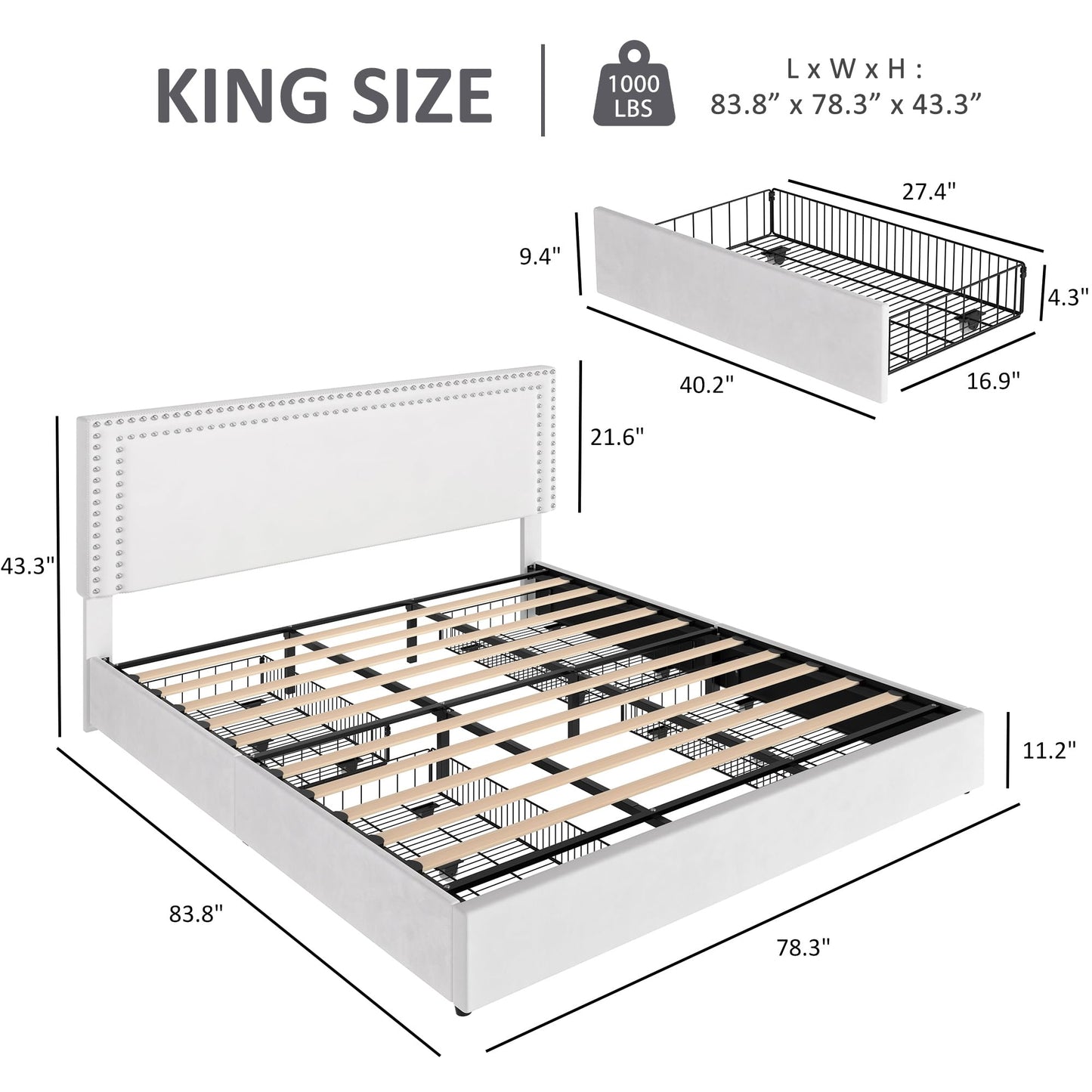 VECELO King Size Upholstered Platform Bed Frame with 4 Storage Drawers, Adjustable Velvet Rivet Decor Headboard, Wooden Slats Support, No Box Spring Needed, Easy Assembly