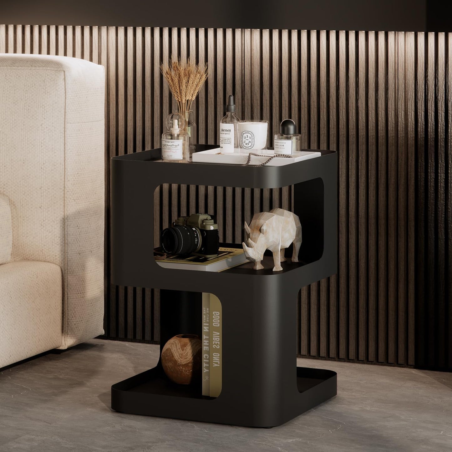 ZHBHYZ Side Table,Modern end Table,Unique nightstand,Bedside Table,Black Metal Night Stand with Storage,Accent Side Table for Couch,Bedroom,Living Room.No Assembly Required