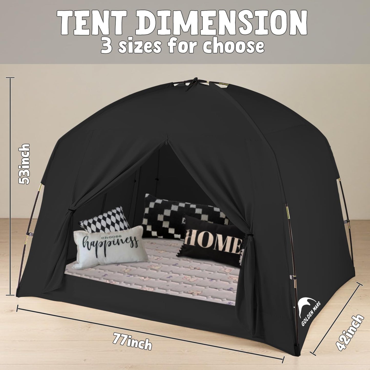 Bed Tents for Kids and Adult, Portable 100% Breathable and 93% Blackout Toddler Dream Play Tent, 3 Doors Big Privacy Space Sleeping Canopy for Floor or Twin Full Queen Sizes Bed (Black, Twin-Size)
