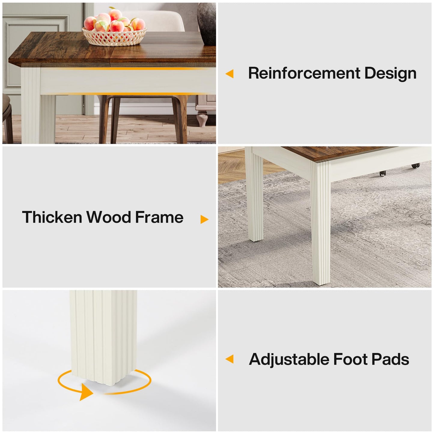 Tribesigns Dining Table for 4-6 People, 62-Inch Rectangular Kitchen Table with Solid Wood Legs, Modern Farmhouse Dinner Table for Dining Room, Kitchen, Living Room, Rustic Brown & Cream White