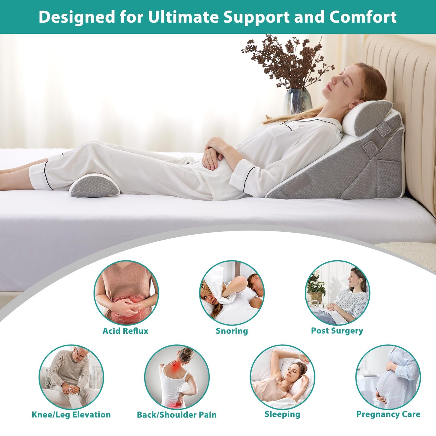 Bedluxe Adjustable 4pcs Bed Wedge Pillow Set, Memory Foam Wedge Pillows Post Surgery for Back, Neck, Leg Pain Relief, Pillow Wedge for Sleeping, Sitting up in Bed, Acid Reflux and GERD, White/Grey