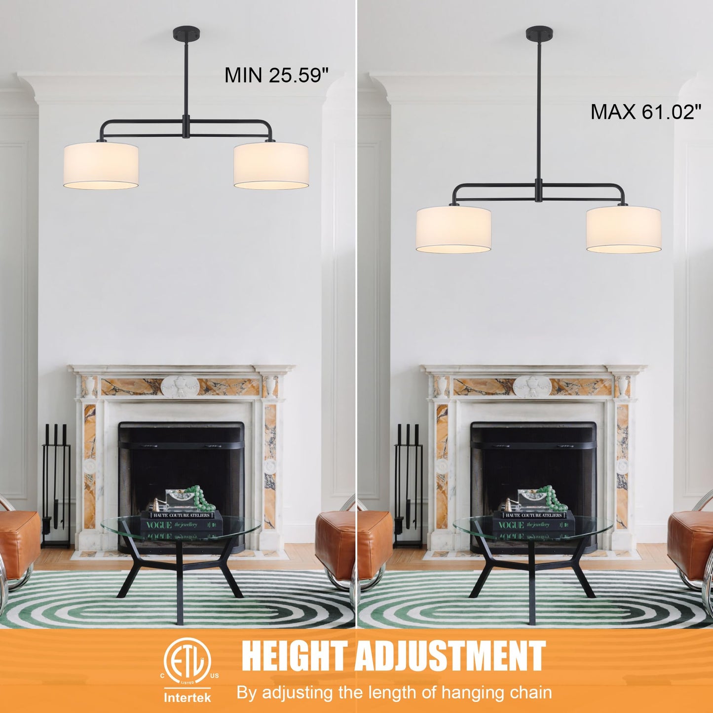 40" Linear Pendant Light for Kitchen Island,2-Light White Linen Drum Light Fixtures with Black Metal Linear Light Fixture for Dining Room Farmhouse Chandelier over Table,Bar Living Room,E26