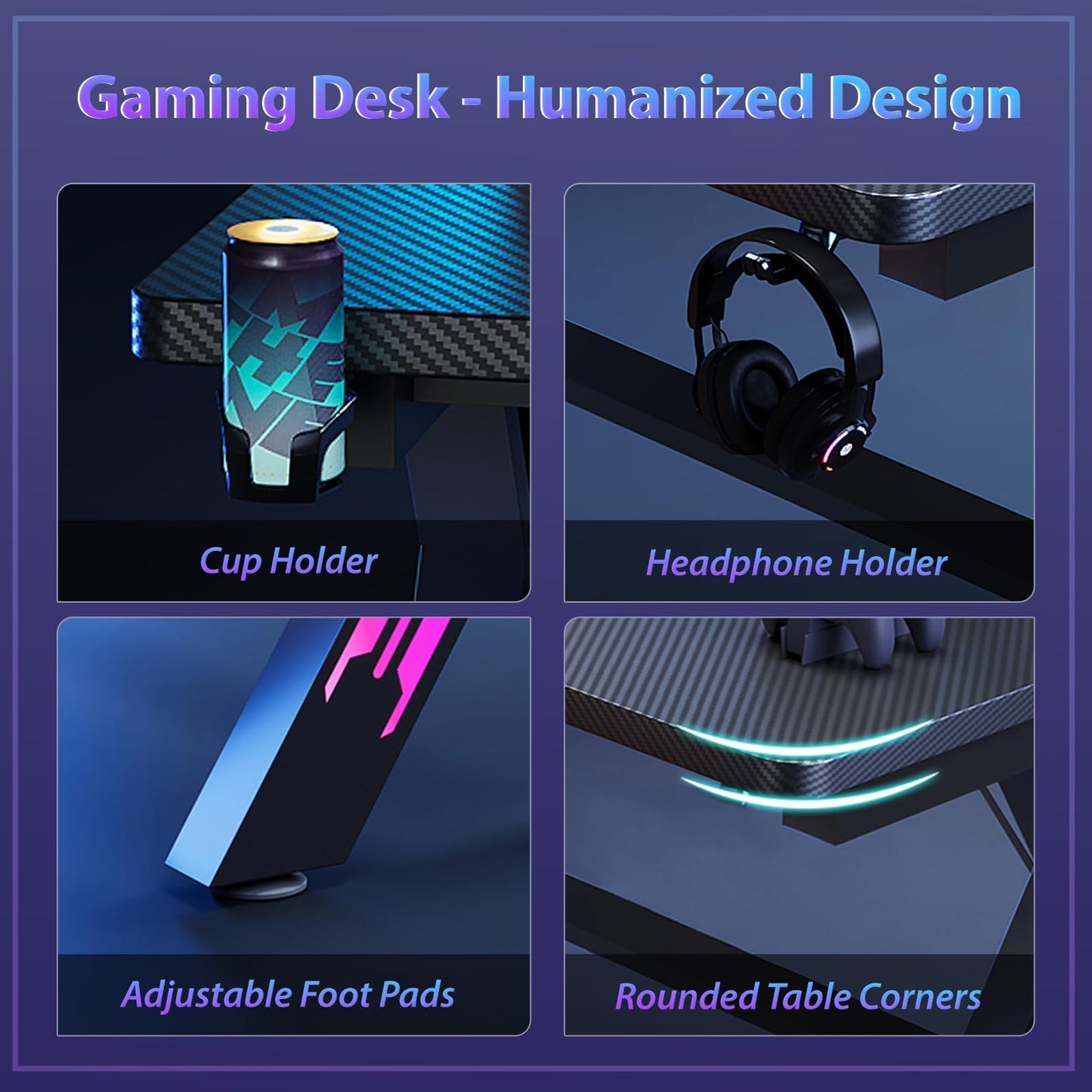 55.11 Inch Gaming Desk Computer Desk with LED Lights, Sturdy Small Desk for Bedroom, Home Office Desks Ergonomic PC Gaming Table Workstation w/Cup Holder, Headphone Hook, Cable Box, Carbon Fiber Black