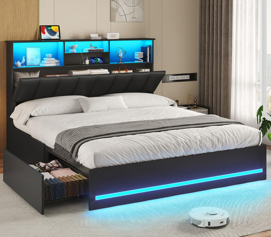 VIAGDO Queen Bed Frame with Bookcase Headboard, Wooden Bed Frame Queen Size with Charging Station, 4 Storage Drawers and LED Lights, with Type-C and USB, No Box Spring Needed, Black