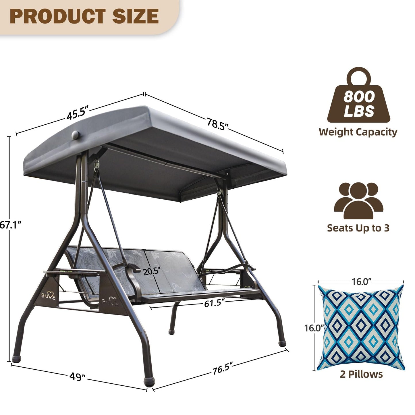 ZZW 3 Person Patio Swing Outdoor Swing for Adults with Adjustable Canopy &Upgraded Cup Holders Textilene Fabric Porch Swing Chair with Stand Heavy Duty 800 LBS