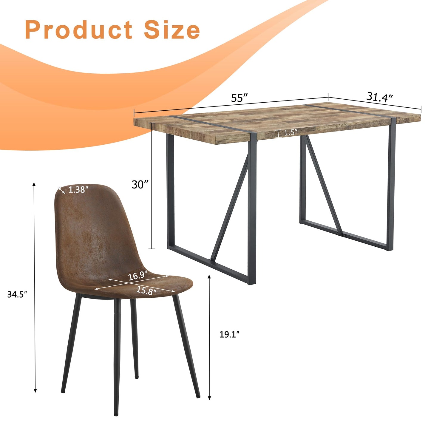 5 Piece Dining Table Set for 4, 55" Rustic Dinner Table Set for 4 with Rectangular Wood Table and 4 Suede Chairs, Modern Kitchen Table and Chairs Set of 4, Suitable for Living Dining Room Apartment