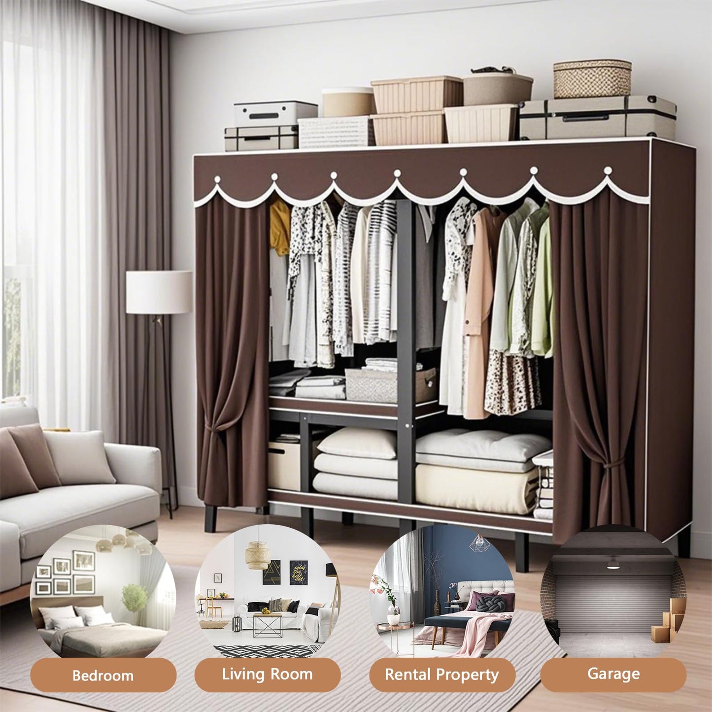 YDEHUEAD 84.5in/7.04ft Foldable Portable Wardrobe Closet with Cover, Heavy Duty Clothing Rack for Hanging Clothes has 59in Vertical Storage Space, Coffee Metal Garment Rack (c, L:84.46")