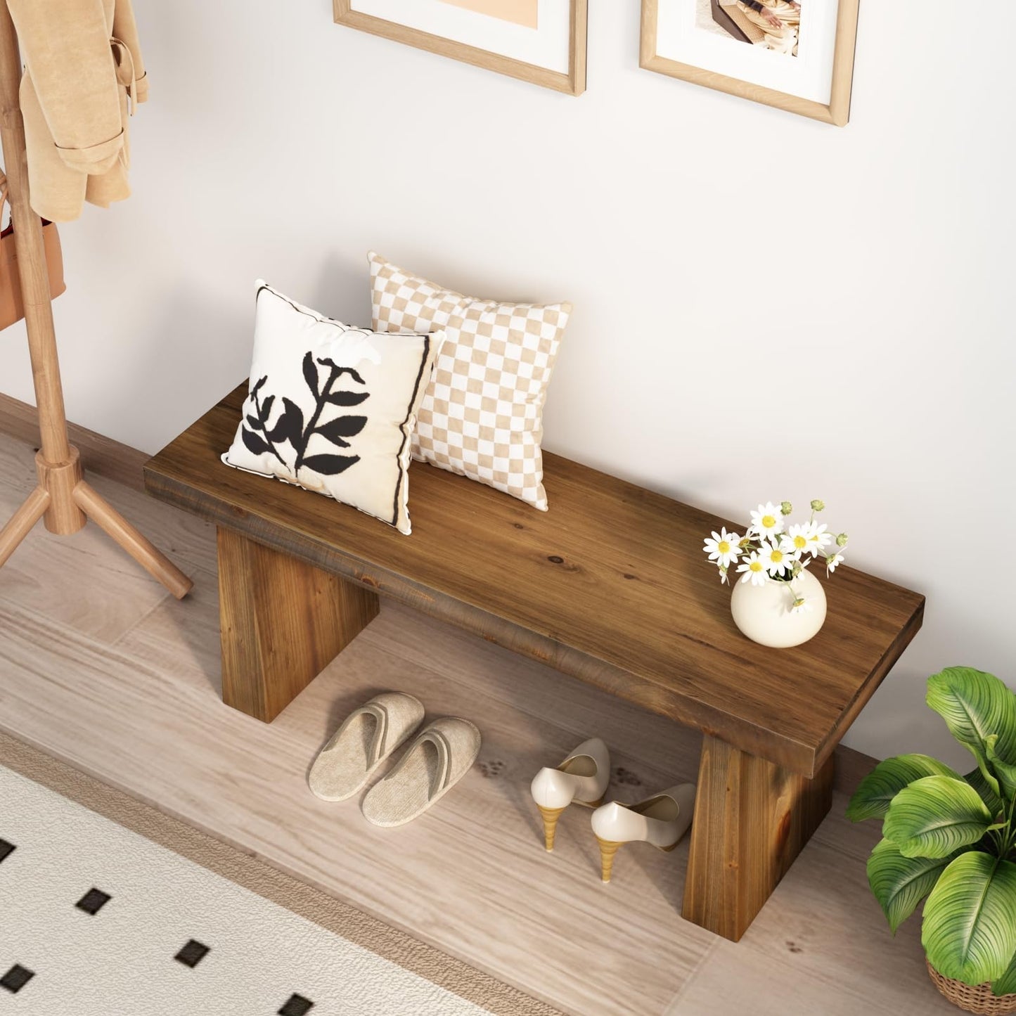 Wnutress 43" Farmhouse Solid Wood Benches Indoor with Wide Angled Legs, Rustic Long Entryway Bench Seat for Dining Table, Kitchen, End of Bed, Living Room, Hallway, Handcrafted Finish, Natural