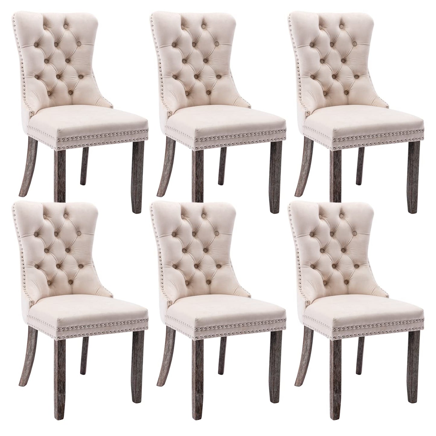 Virabit Tufted Dining Chairs Set of 6, Velvet Upholstered Dining Chairs with Nailhead Back and Ring Pull Trim, Solid Wood Dining Chairs for Kitchen/Bedroom/Dining Room (Beige)