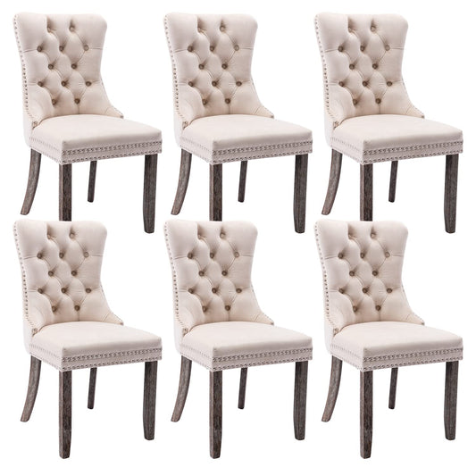 Virabit Tufted Dining Chairs Set of 6, Velvet Upholstered Dining Chairs with Nailhead Back and Ring Pull Trim, Solid Wood Dining Chairs for Kitchen/Bedroom/Dining Room (Beige)