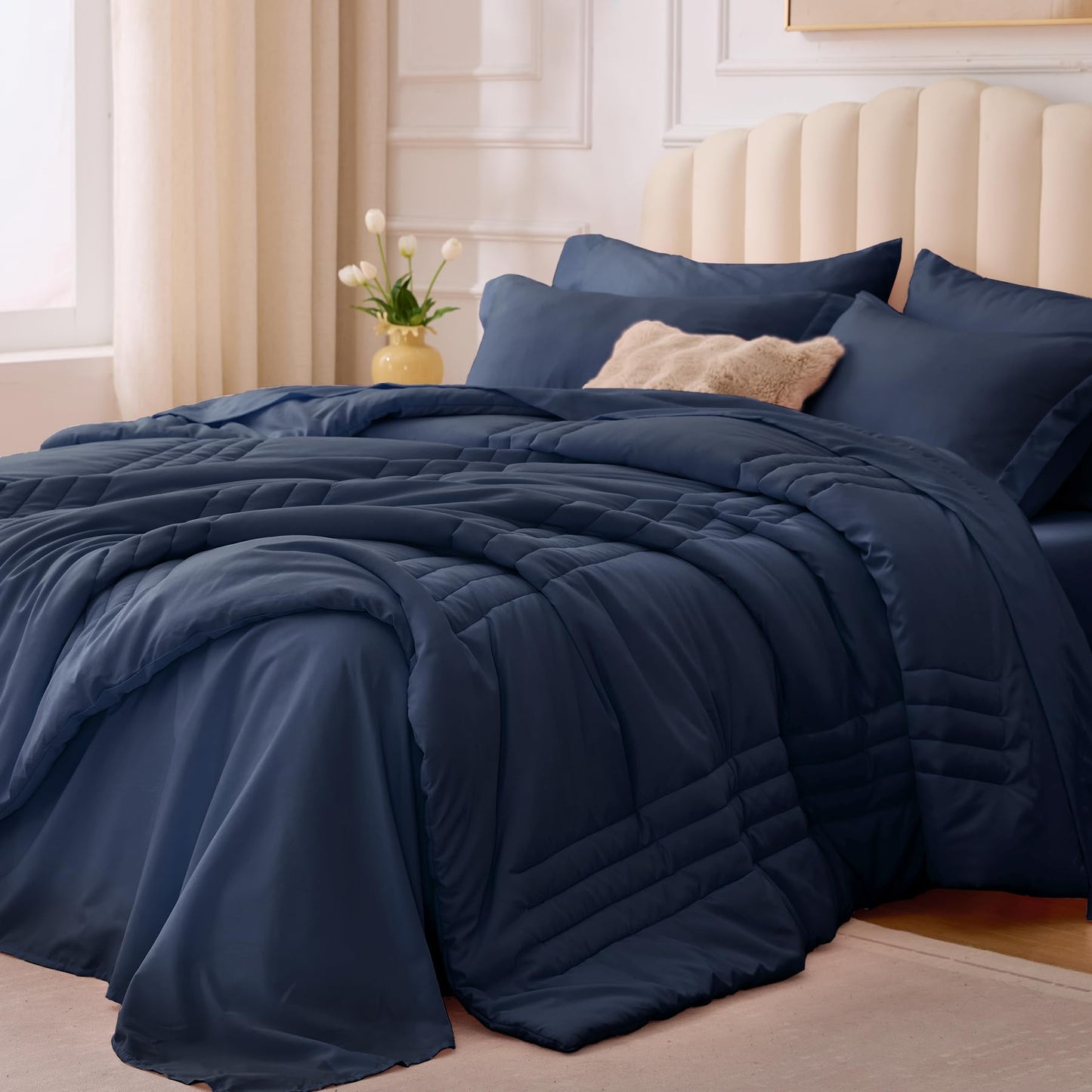Velorose Queen Comforter Set Navy - Bed in a Bag Queen Size 7 Pieces, Soft Bedding Set for All Seasons, Premium Queen Comforter Set with Comforter, Sheets, Pillowcases & Shams