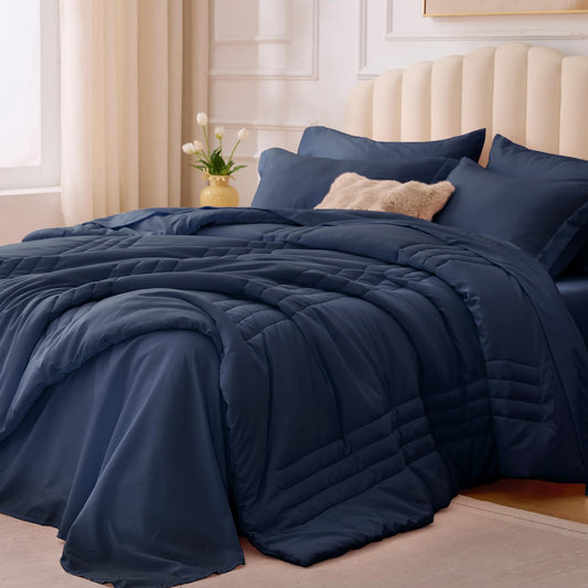 Velorose Queen Comforter Set Navy - Bed in a Bag Queen Size 7 Pieces, Soft Bedding Set for All Seasons, Premium Queen Comforter Set with Comforter, Sheets, Pillowcases & Shams