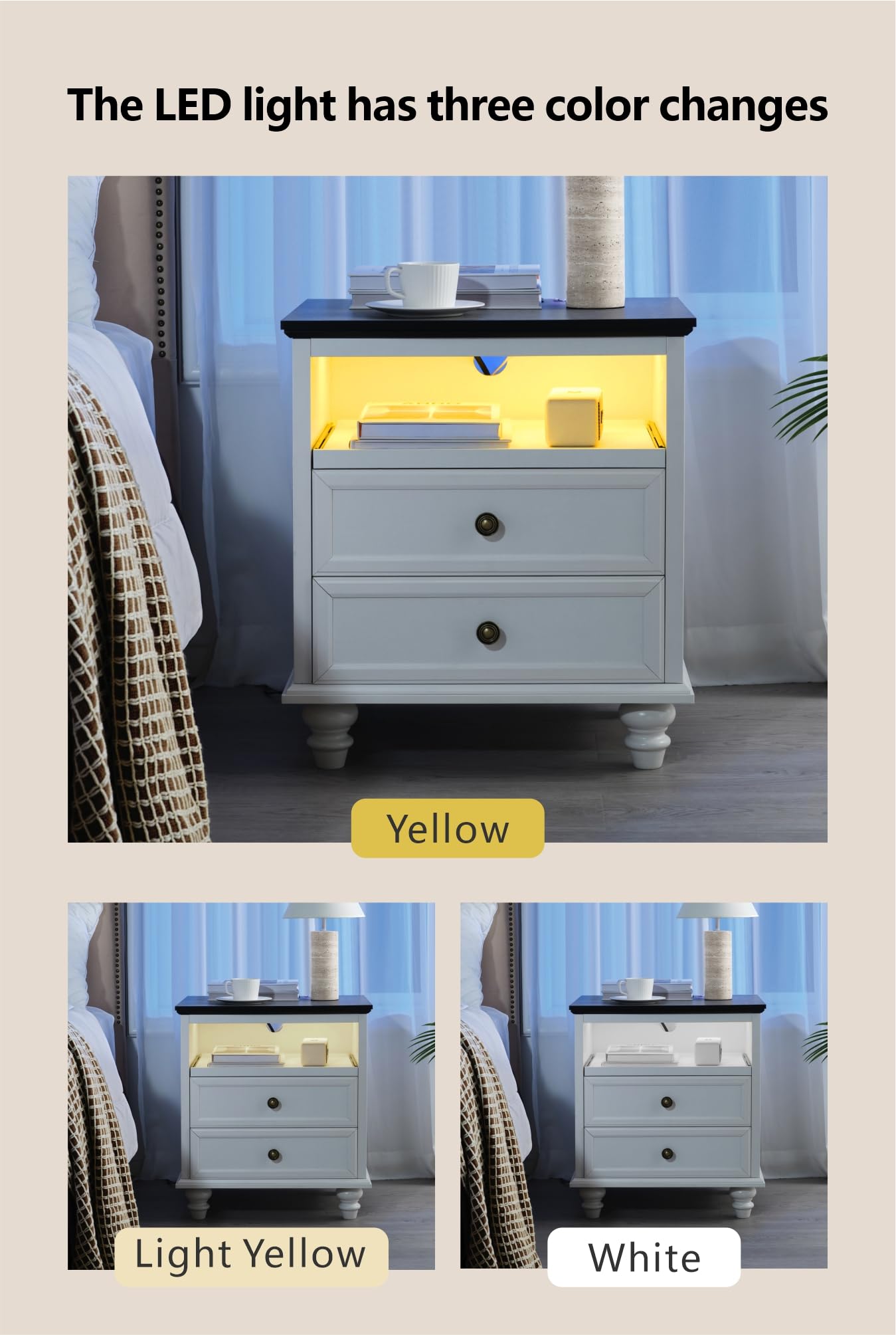 21" Farmhouse Nightstand with Charging Station,Classic American Style Bedside Table with 2 Drawers Storage,Pull-Out Tray,3-color LED lighting,End Table for Bedroom or Living Room,Bedside Cabinet,White