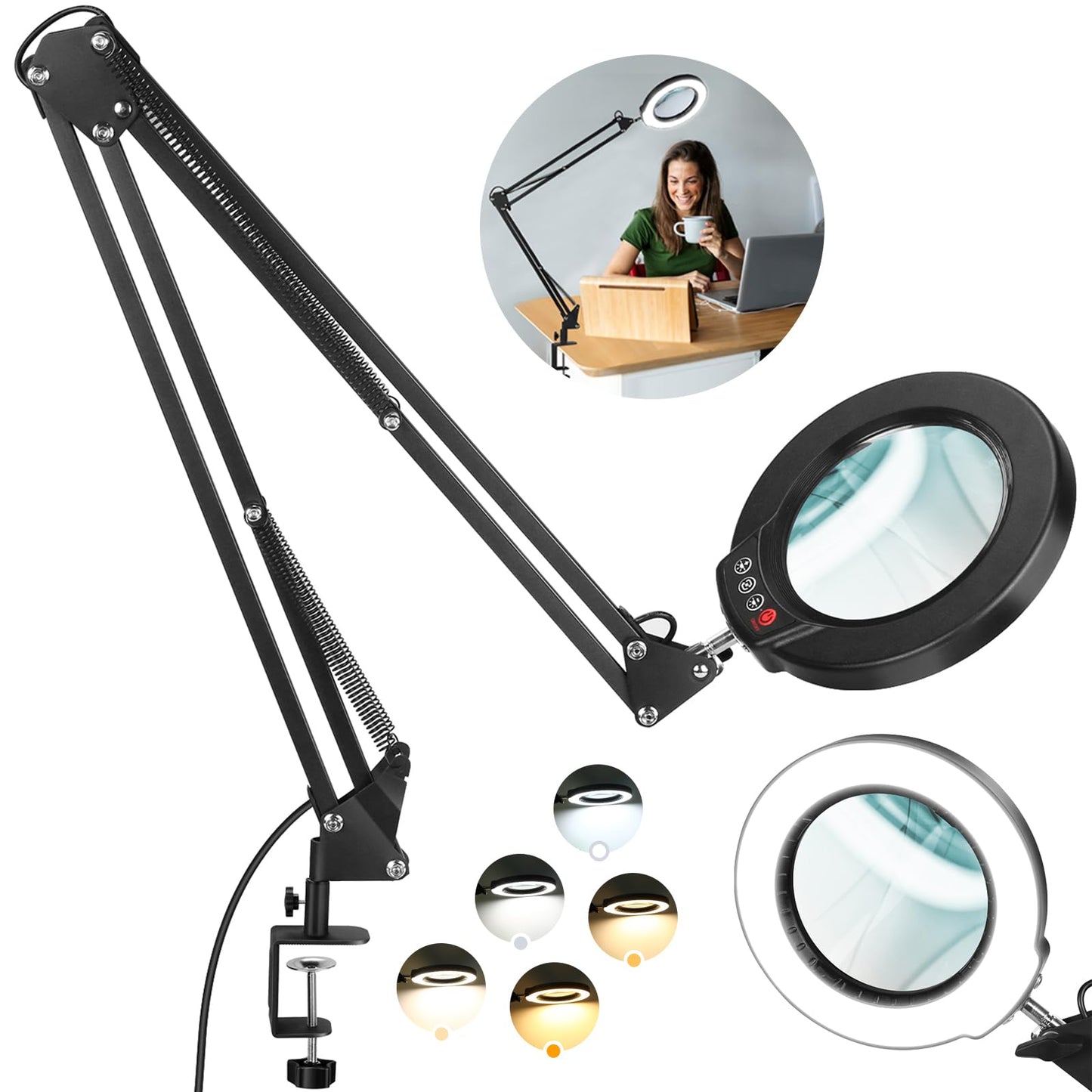 10X Large Magnifying Glass with Light and Stand, KRSTLV 2 x 16 Inch Adjustable Swivel Arm LED Desk Lamp with Clamp, 5 Color Modes Stepless Dimmable, Lighted Magnifier Hands Free for Close Work, Hobby