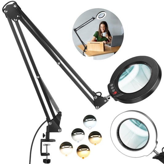 10X Large Magnifying Glass with Light and Stand, KRSTLV 2 x 16 Inch Adjustable Swivel Arm LED Desk Lamp with Clamp, 5 Color Modes Stepless Dimmable, Lighted Magnifier Hands Free for Close Work, Hobby
