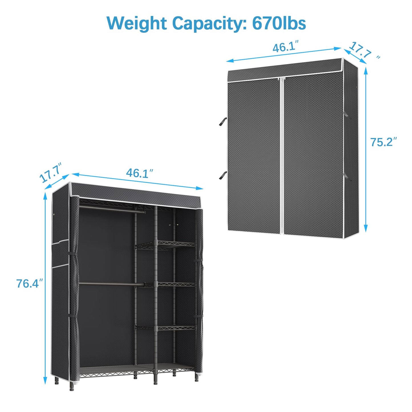 VIPEK V7C Garment Racks with Cover Portable Closets for Hanging Clothes, Heavy Duty Clothes Rack with Shelves Metal Closet Wardrobe, Max 670lbs, Black Rack with Black Upgraded Polyester Cover