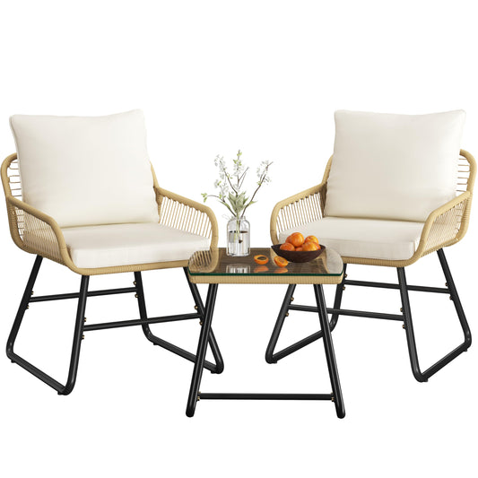 Yaheetech 3 Piece Patio Bistro Set Outdoor Wicker Bistro Furniture Sets, 2 Rattan Chairs and Glass Top Table for Patio, Balcony, Porch, Poolside, Backyard - Tan/Cream