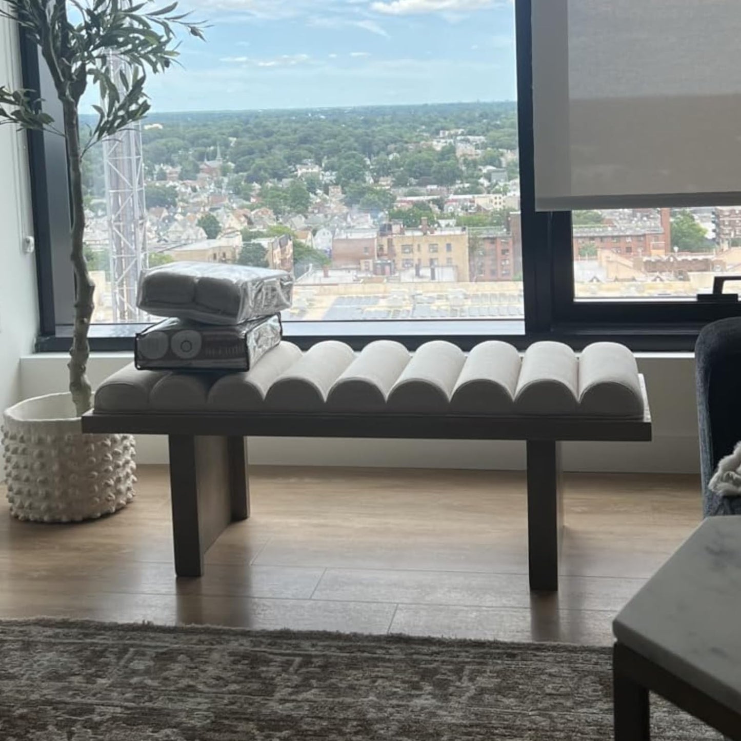 Ya-Home Modern Upholstered Entryway Bench, 47” Linen Fabric Bedroom End of Bed Bench with Cylindrical Cushion/Solid Wooden Base, Window Padded Benches for Living Room/Foyer/Hallway, Natural Leg