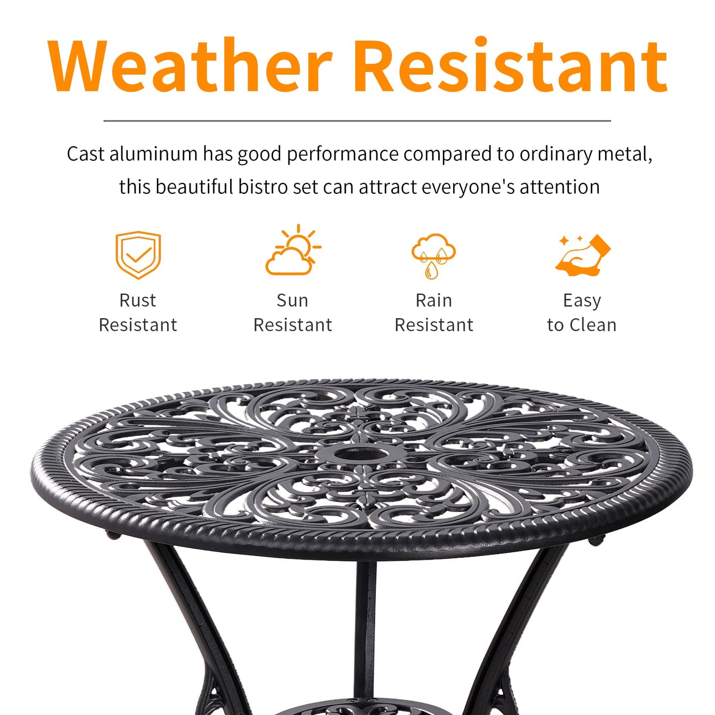 Withniture Outdoor Bistro Set 3 Piece Patio Bistro Set, Cast Aluminum Bistro Table and Chairs Set of 2, Small Patio Table Set for Porch, Black