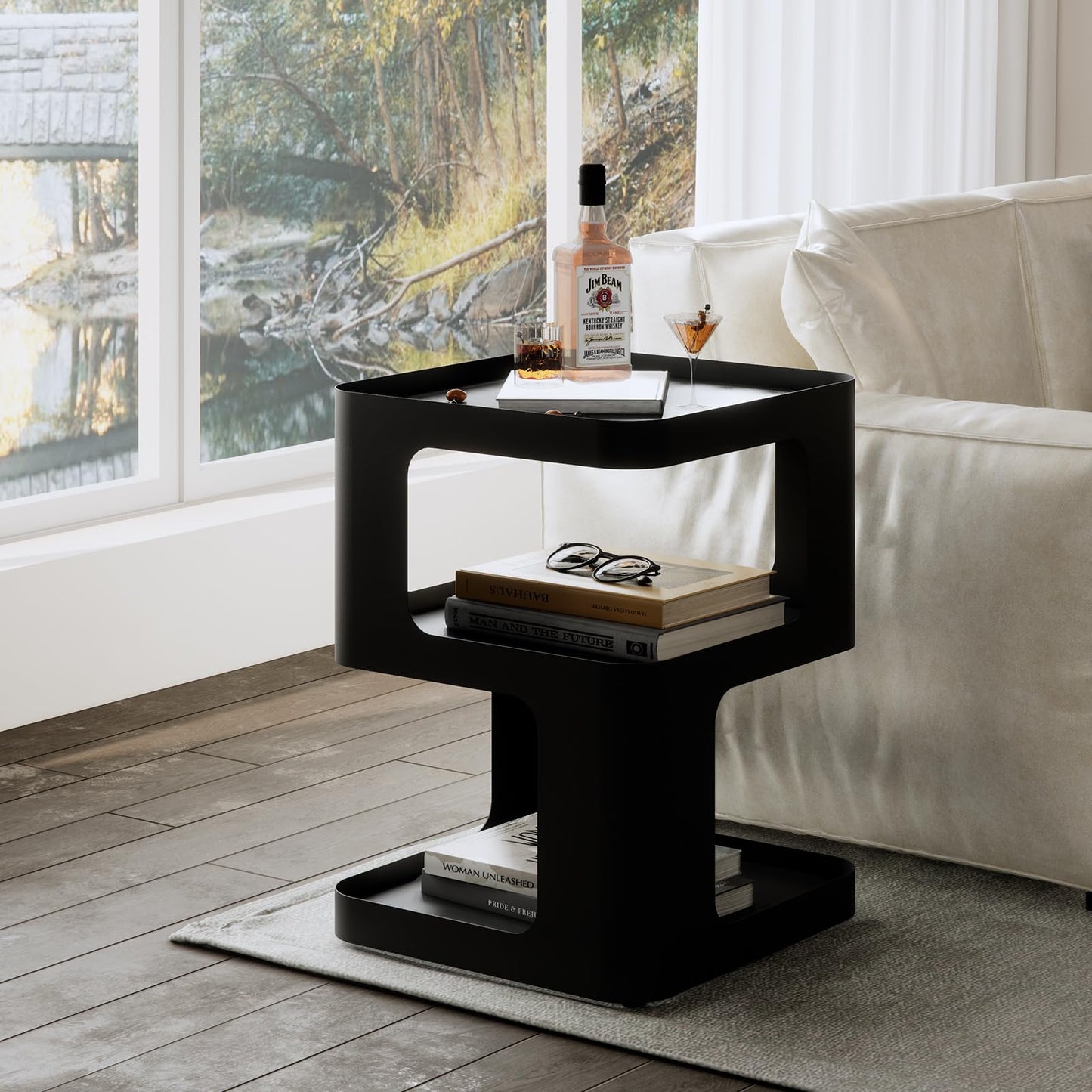 ZHBHYZ Side Table,Modern end Table,Unique nightstand,Bedside Table,Black Metal Night Stand with Storage,Accent Side Table for Couch,Bedroom,Living Room.No Assembly Required