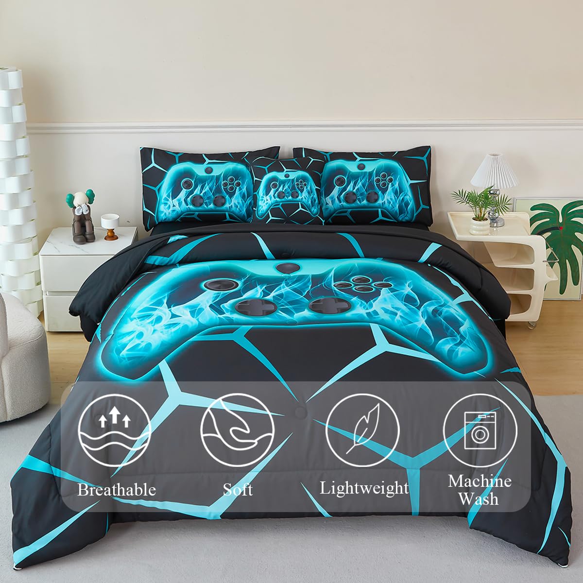 ZSYAYAHA Gamer Twin Bedding Set for Boys 6 Pieces Gamepad Comforter Set for Kids Teens Black Aqua Bed in A Bag 3D Geometric Video Gaming Bed Sets with Sheets(Aqua, Twin)