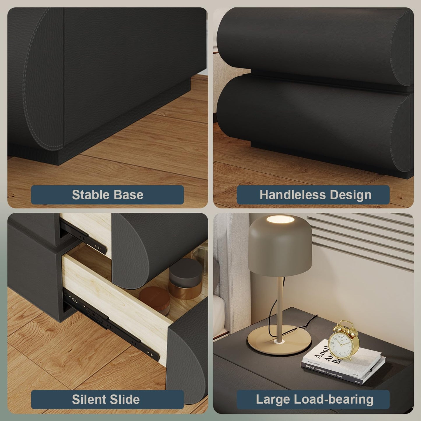 IKuinen Nightstand, Minimalist Bedside Table with 2 Solid Wood Drawer, Night Stands with Microfiber Leather, End Table for Bedroom-Black