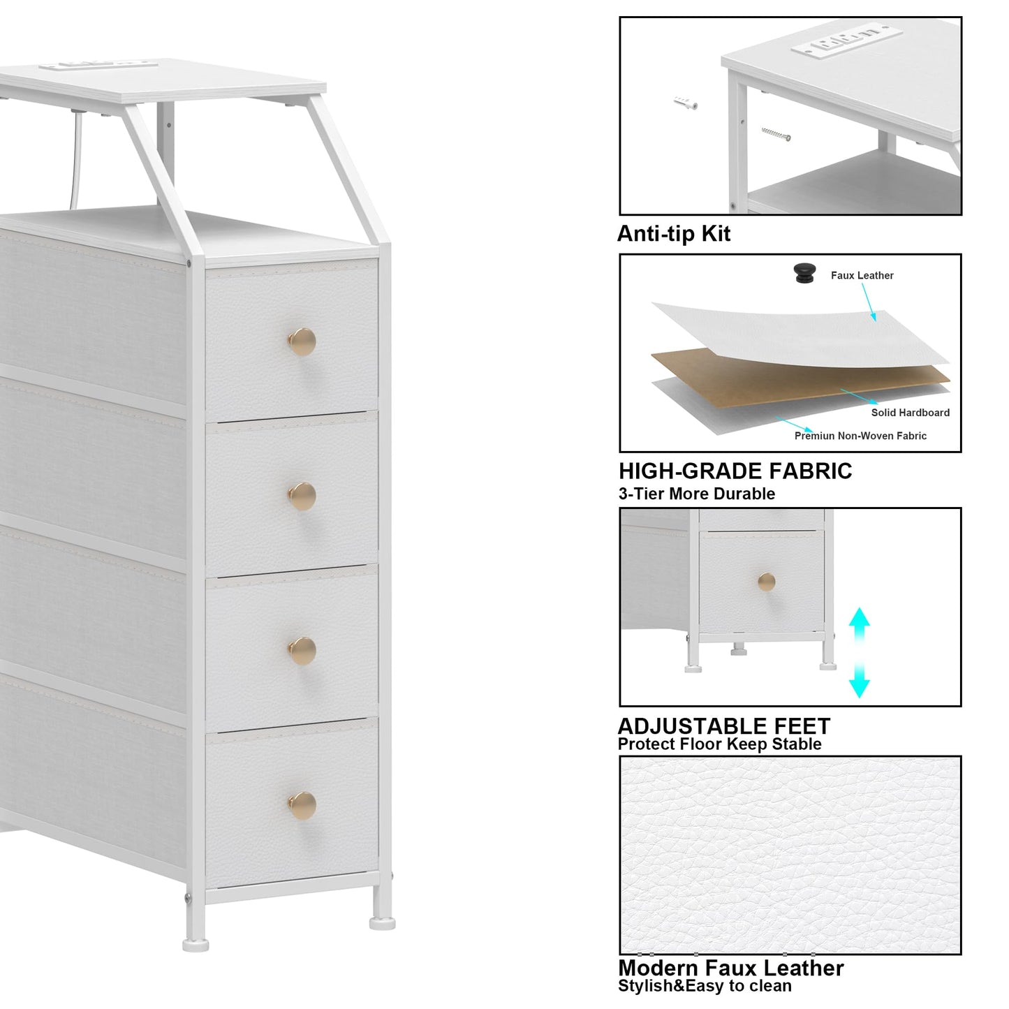 Tohomeor Narrow Dresser Tall Skinny Storage Tower Vertical Slim Chest of Drawers with Charging Station Small Nightstand Side Table for Bedroom, Bathroom, Small Spaces (White, 4 Drawers)