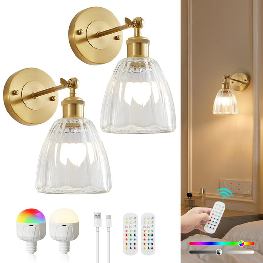 Vitnucrol Vintage Battery Operated Wall Sconces Set of Two, Gold Wireless LED Lights Wall Decor with Remote Dimmable Timer 15 Color, Glass Lampshade Rechargeable Battery Powered Wall Lamp for Bedroom