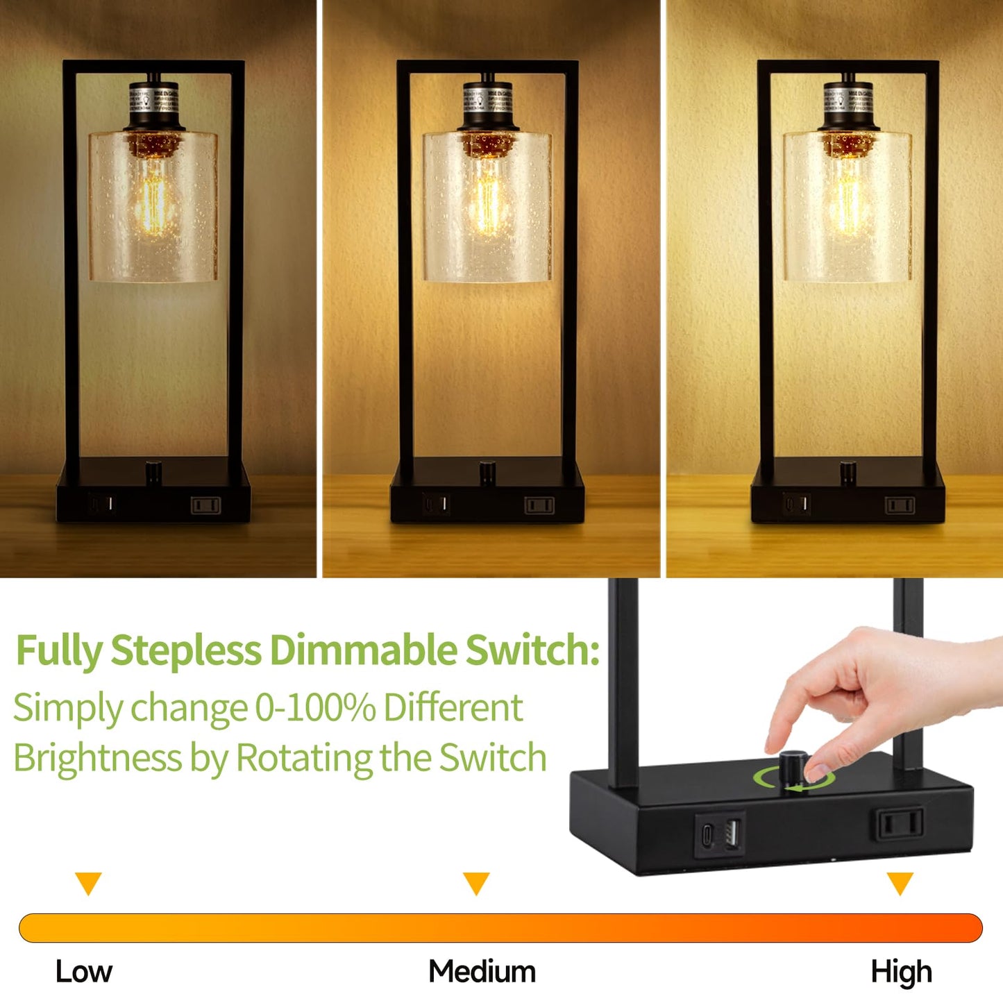 Vikdio 16" Set of 2 Industrial Table Lamps with USB A+C Charging Ports and AC Outlet, Fully Stepless Dimmable Bedside Lamps with Seeded Glass Shade for Bedroom Living Room Office, LED Bulbs Included