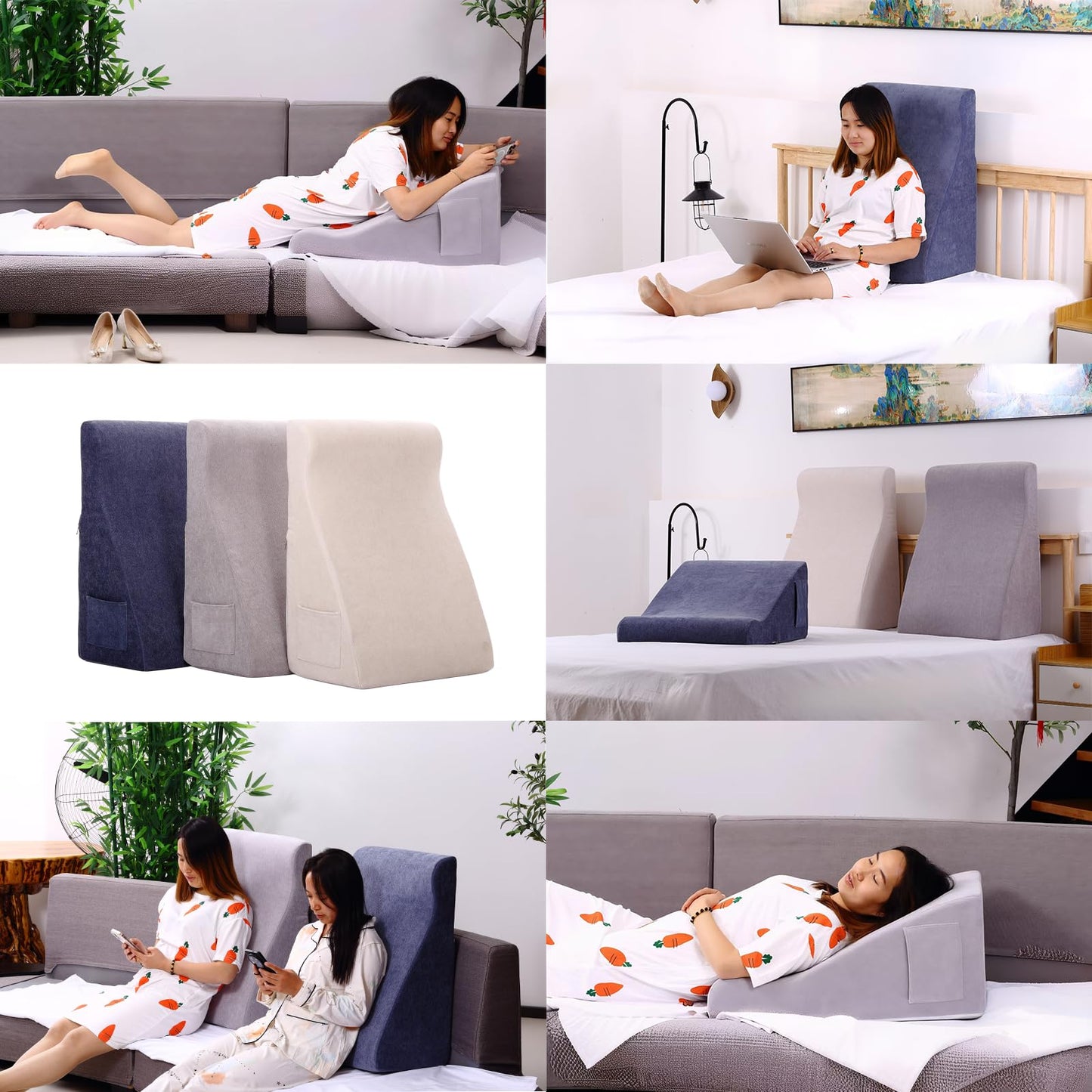 wuFQecht Bed Reading Pillow - Sofa Bed Wedge Pillow - Post-Op Recovery Backrest Pillow - Working Lumbar Support Reading Pillow with Removable Pillowcase Dark Blue 27x20x12in