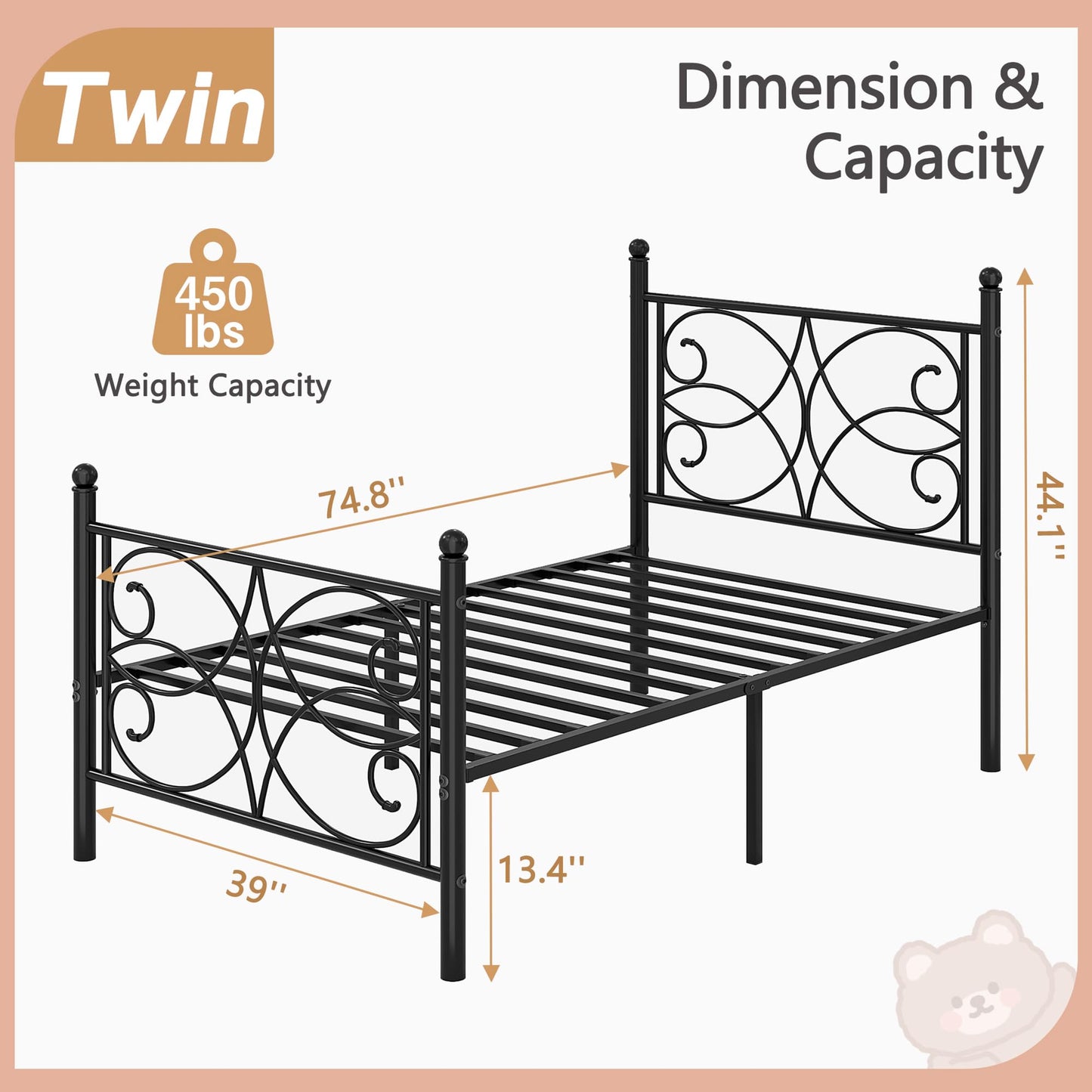 VECELO Twin Size Bed Frame Metal Platform Bed with Headboard and Footboard, Heavy Duty Support, No Box Spring Needed, Easy Assembly, Black