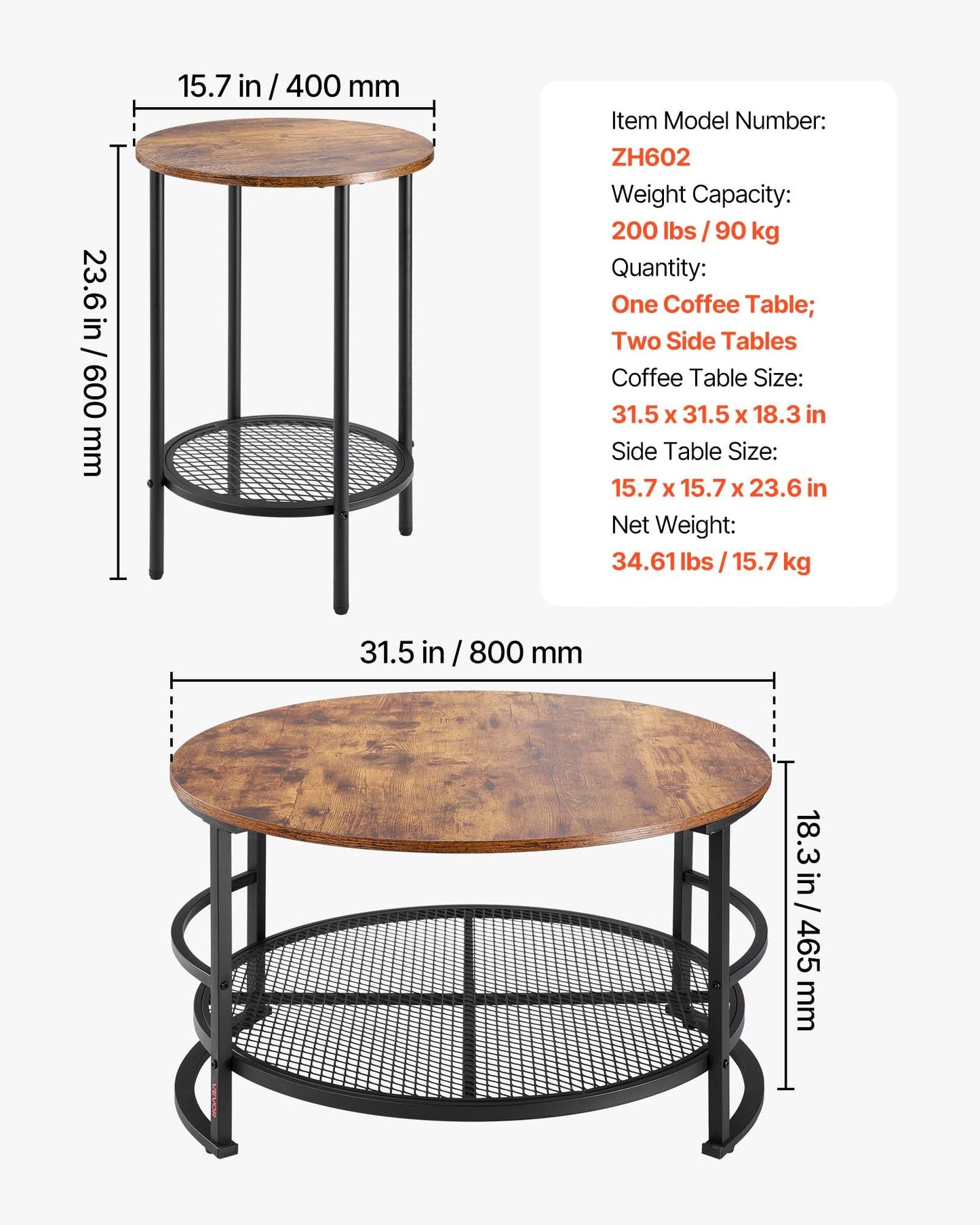 VEVOR 3 Pieces Round Coffee Table Sets, 31.5 in Industrial Living Room Table with 2 End Side Tables, Easy Assembly Coffee and End Tables Sets with Metal Legs, for Office, Living Room and Apartment