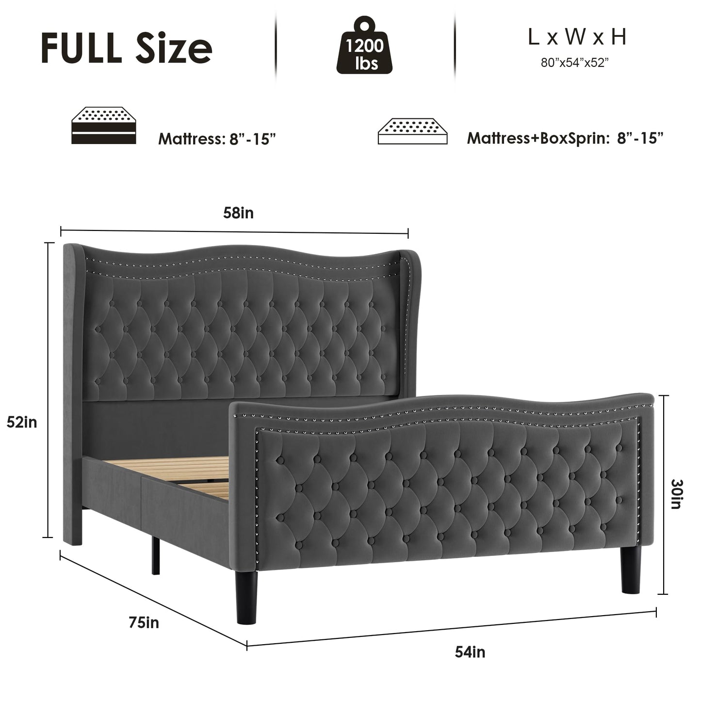 VINTLJUS Full Bed Frame with Tall Headboard & Footboard, Velvet Upholstered Platform Bed Frame with Deep Button Tufted Wingback, No Box Spring Needed, Noise Free, Grey