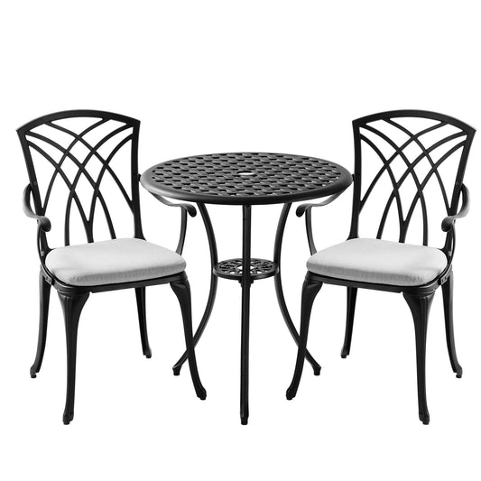 Withniture 3 Piece Outdoor Bistro Table Set with Cushions, Cast Aluminum Patio Bistro Sets Patio Set with Umbrella Hole, All Weather Patio Table and Chairs Set of 2 for Garden, Black