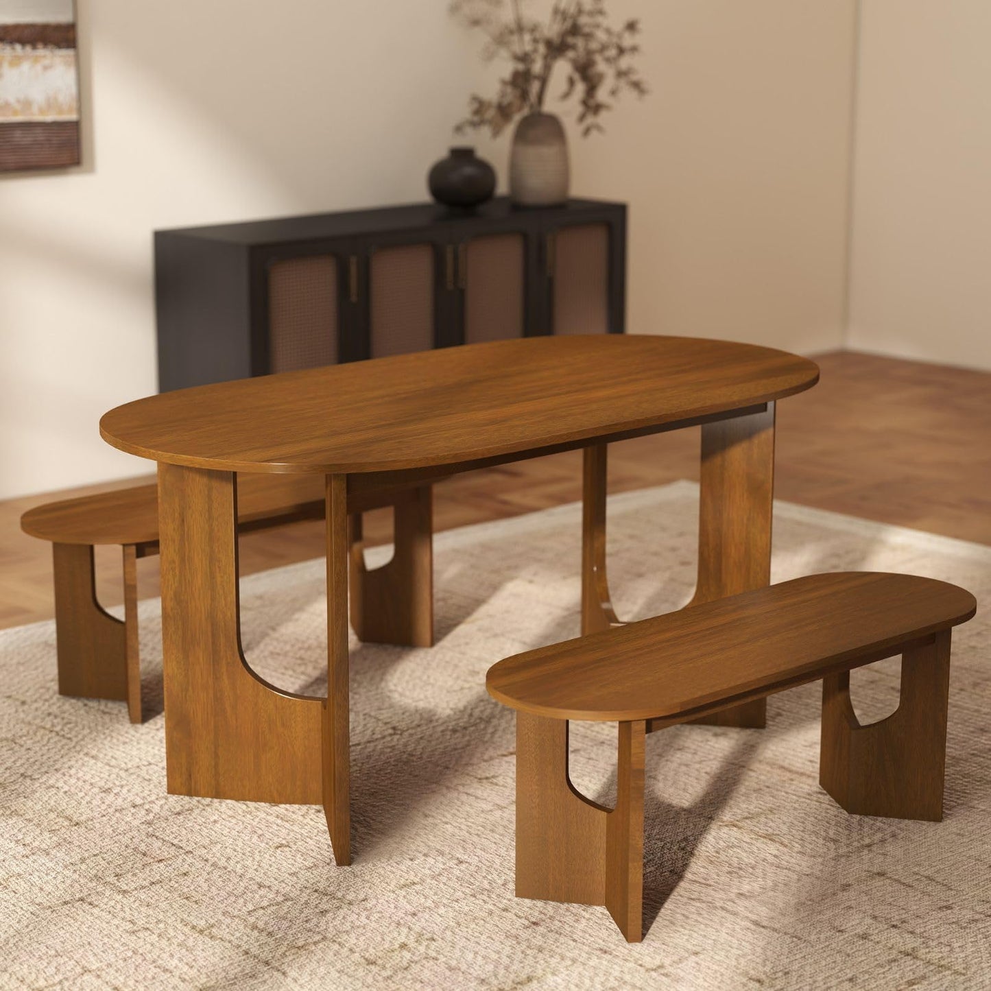 VESCASA Oval 63" L Dining Table with 47.25" L Bench, Walnut Wood Kitchen Table Set for Dining Room, Restaurant, 1 Table with 1 Bench